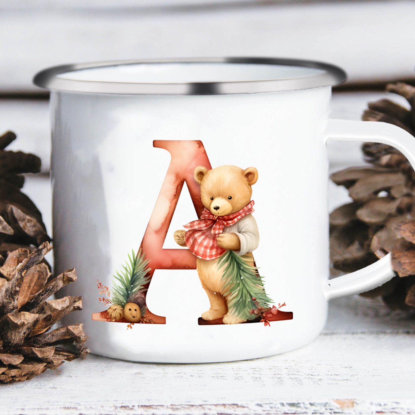 Personalized Enamel Mug Custom Letter Christmas Teddy Bear Cup Gift for Kids