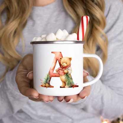 Personalized Enamel Mug Custom Letter Christmas Teddy Bear Cup Gift for Kids