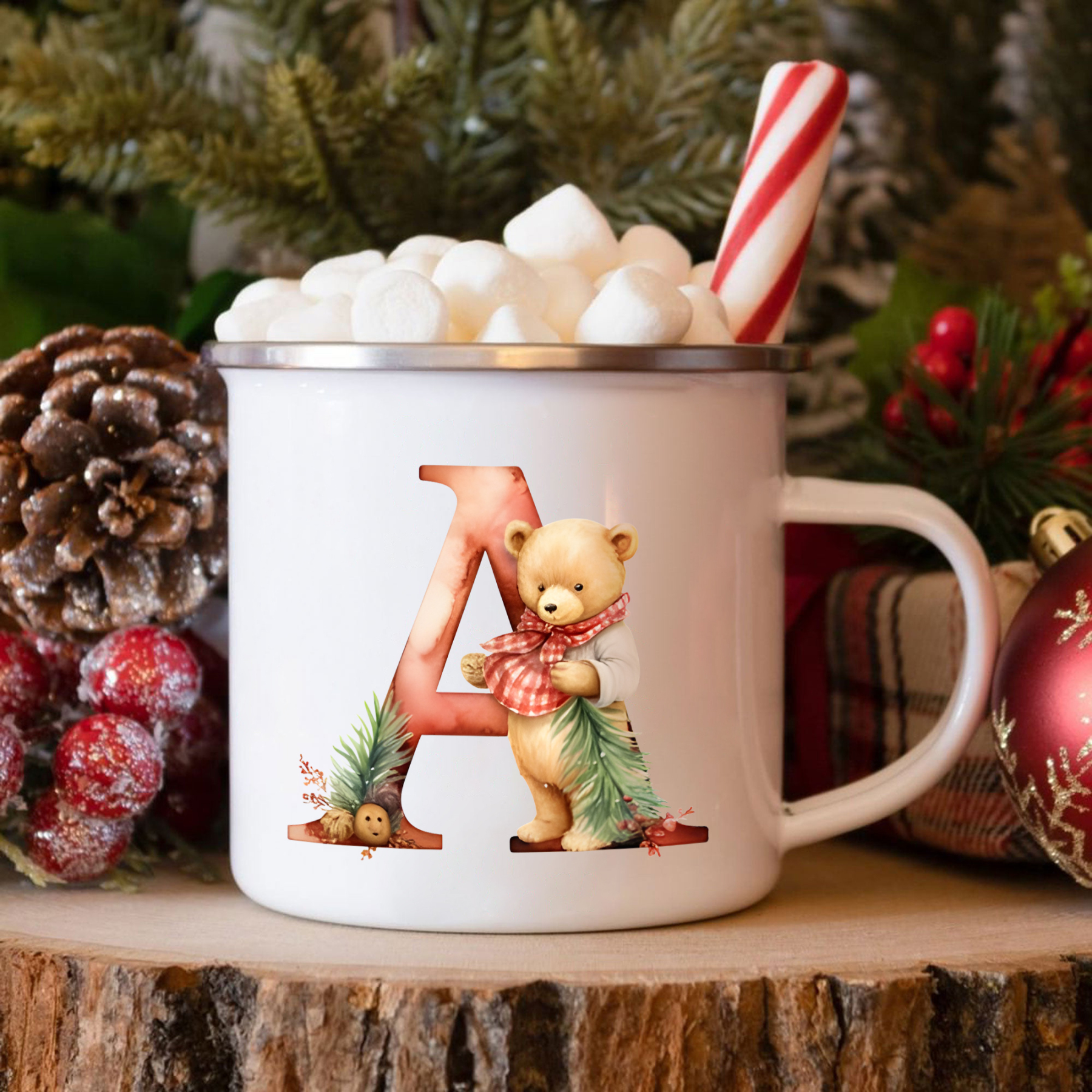 Personalized Enamel Mug Custom Letter Christmas Teddy Bear Cup Gift for Kids