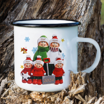 Personalized Enamel Mug Snow Shoveling Family Mug Custom 2-8 Names Christmas Gift