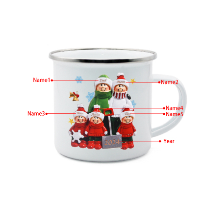 Personalized Enamel Mug Snow Shoveling Family Mug Custom 2-8 Names Christmas Gift