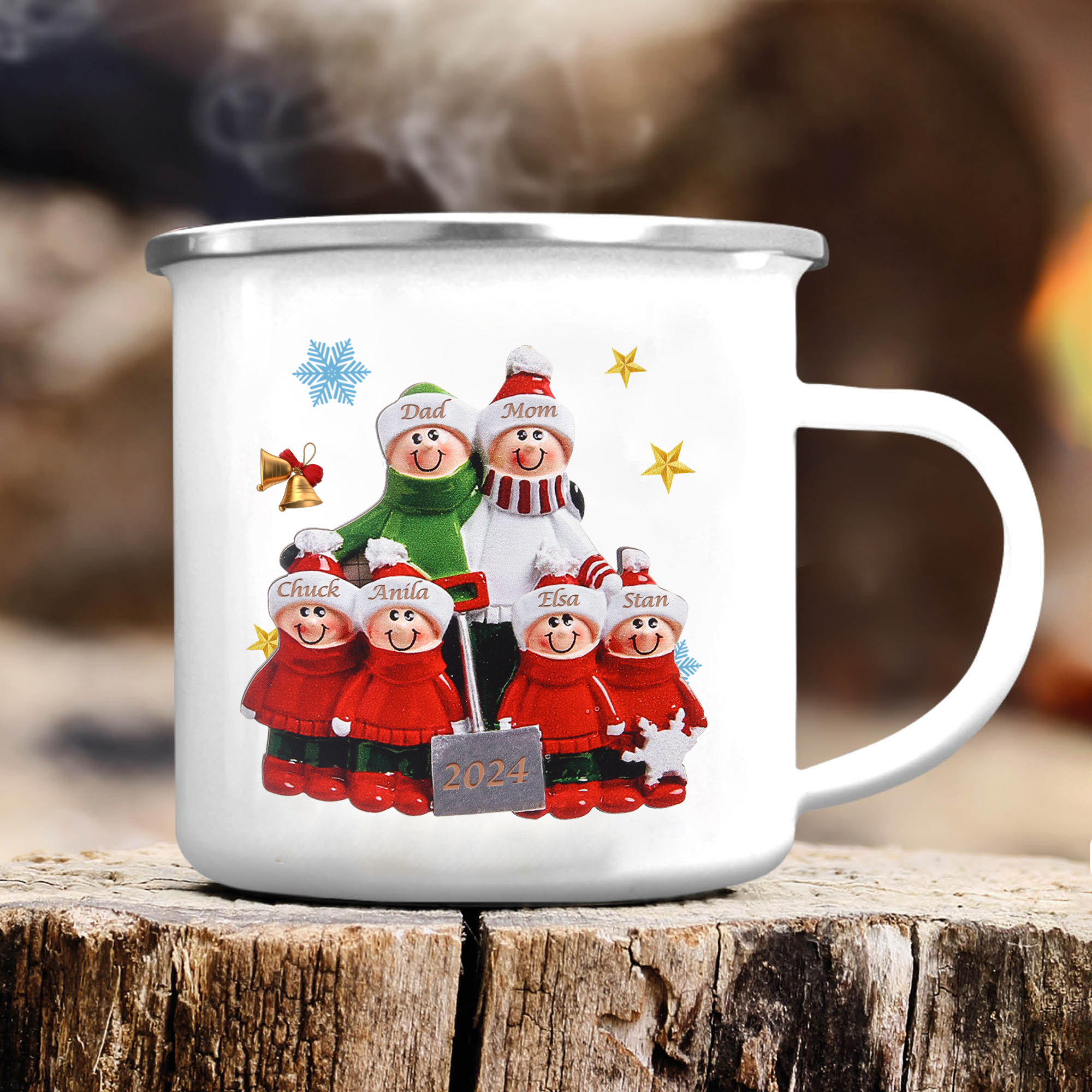 Personalized Enamel Mug Snow Shoveling Family Mug Custom 2-8 Names Christmas Gift