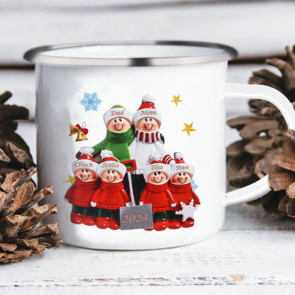 Personalized Enamel Mug Snow Shoveling Family Mug Custom 2-8 Names Christmas Gift