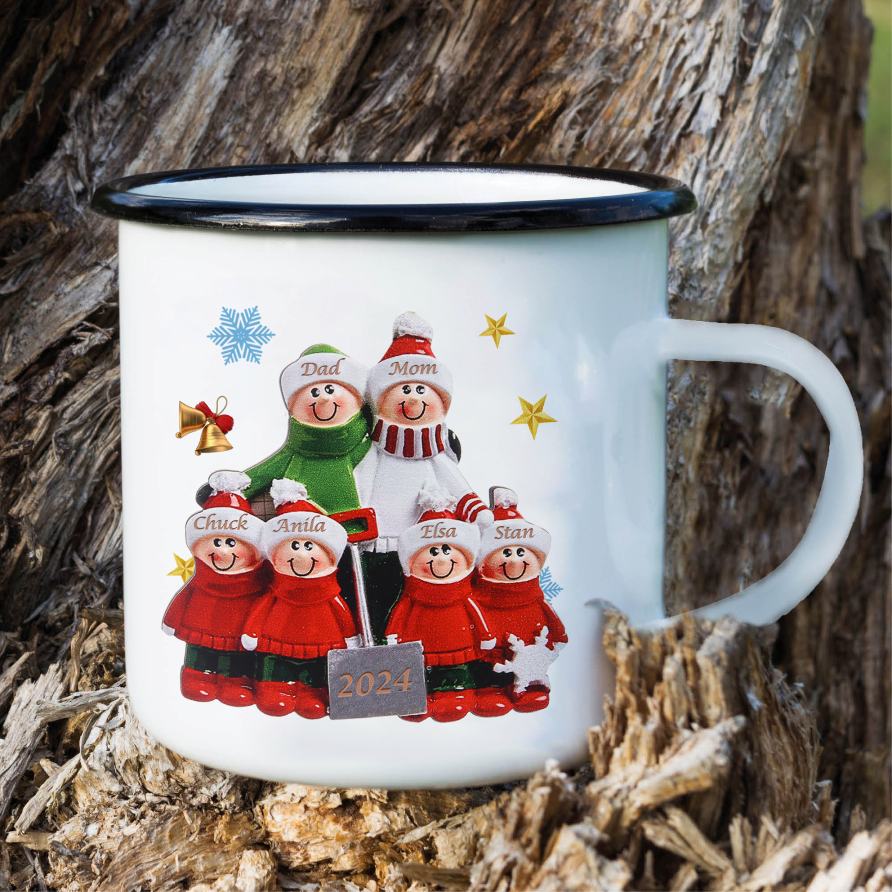 Personalized Enamel Mug Snow Shoveling Family Mug Custom 2-8 Names Christmas Gift