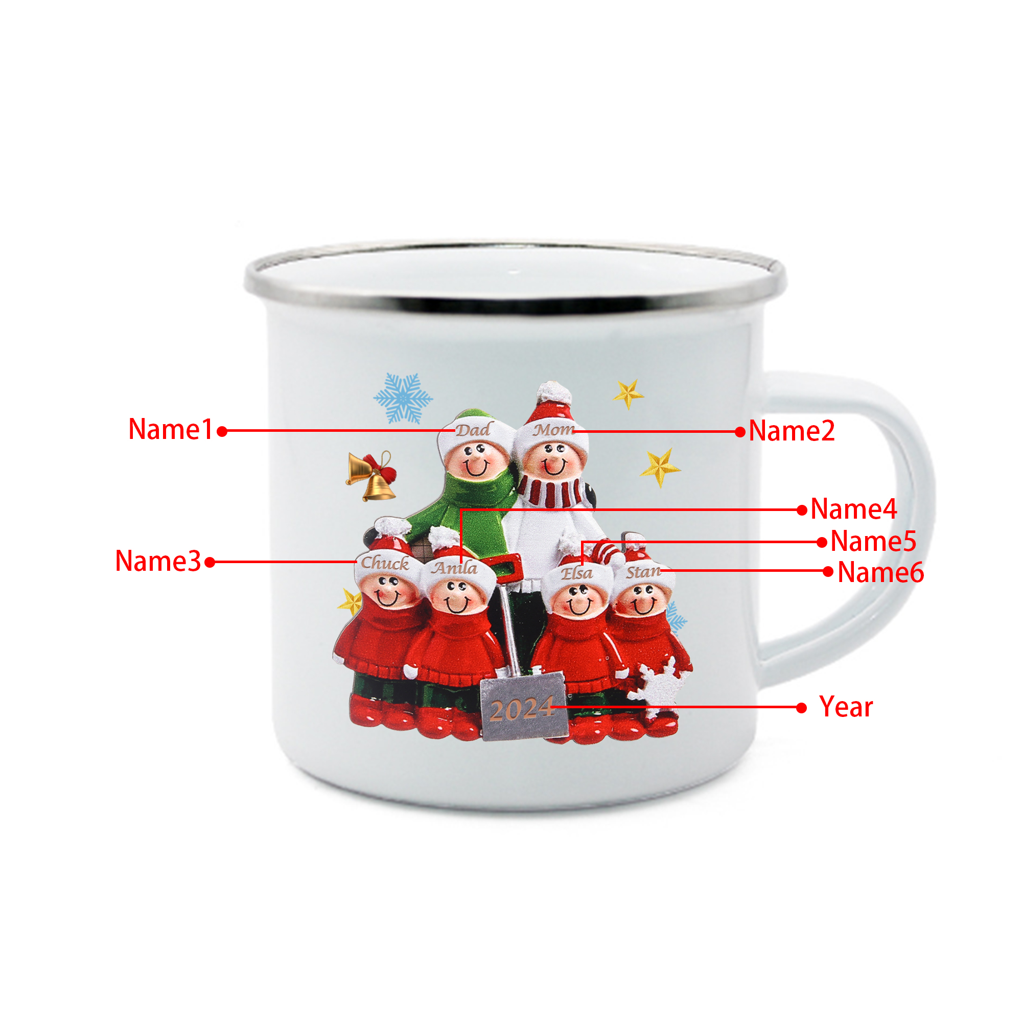 Personalized Enamel Mug Snow Shoveling Family Mug Custom 2-8 Names Christmas Gift