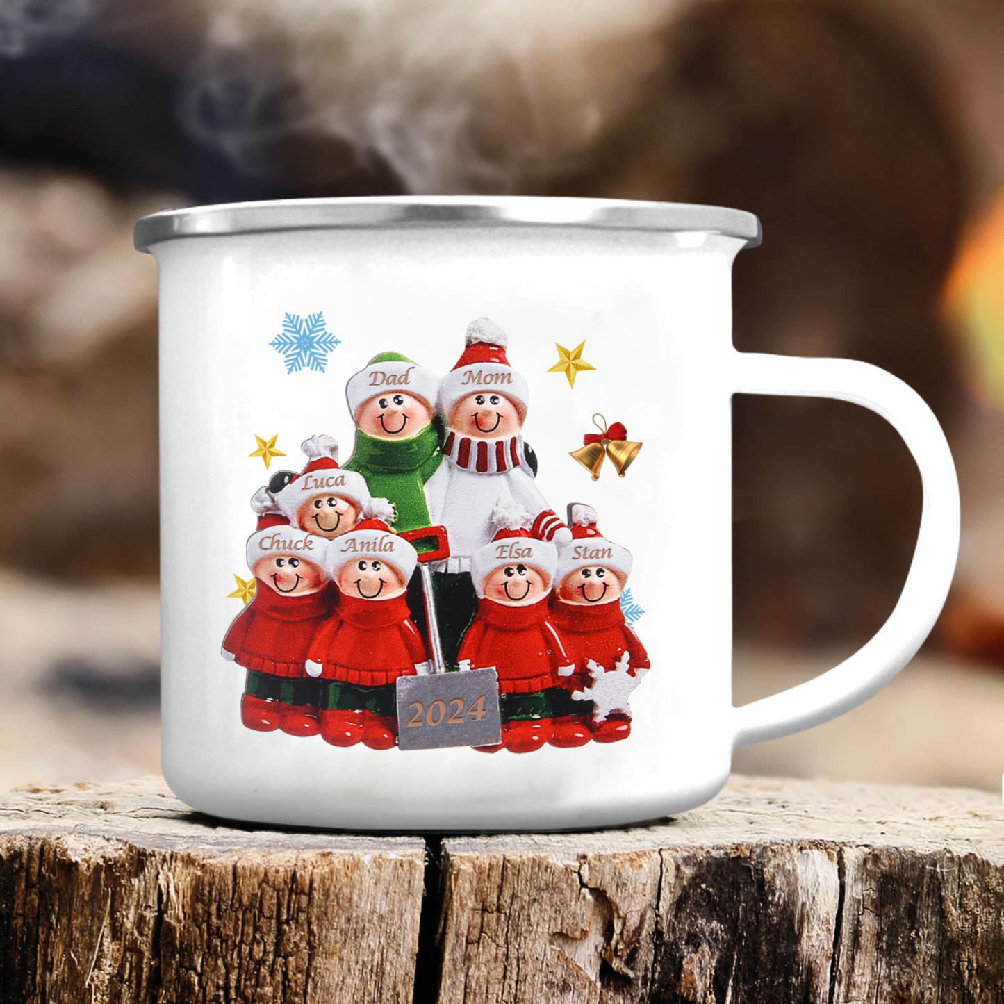 Personalized Enamel Mug Snow Shoveling Family Mug Custom 2-8 Names Christmas Gift