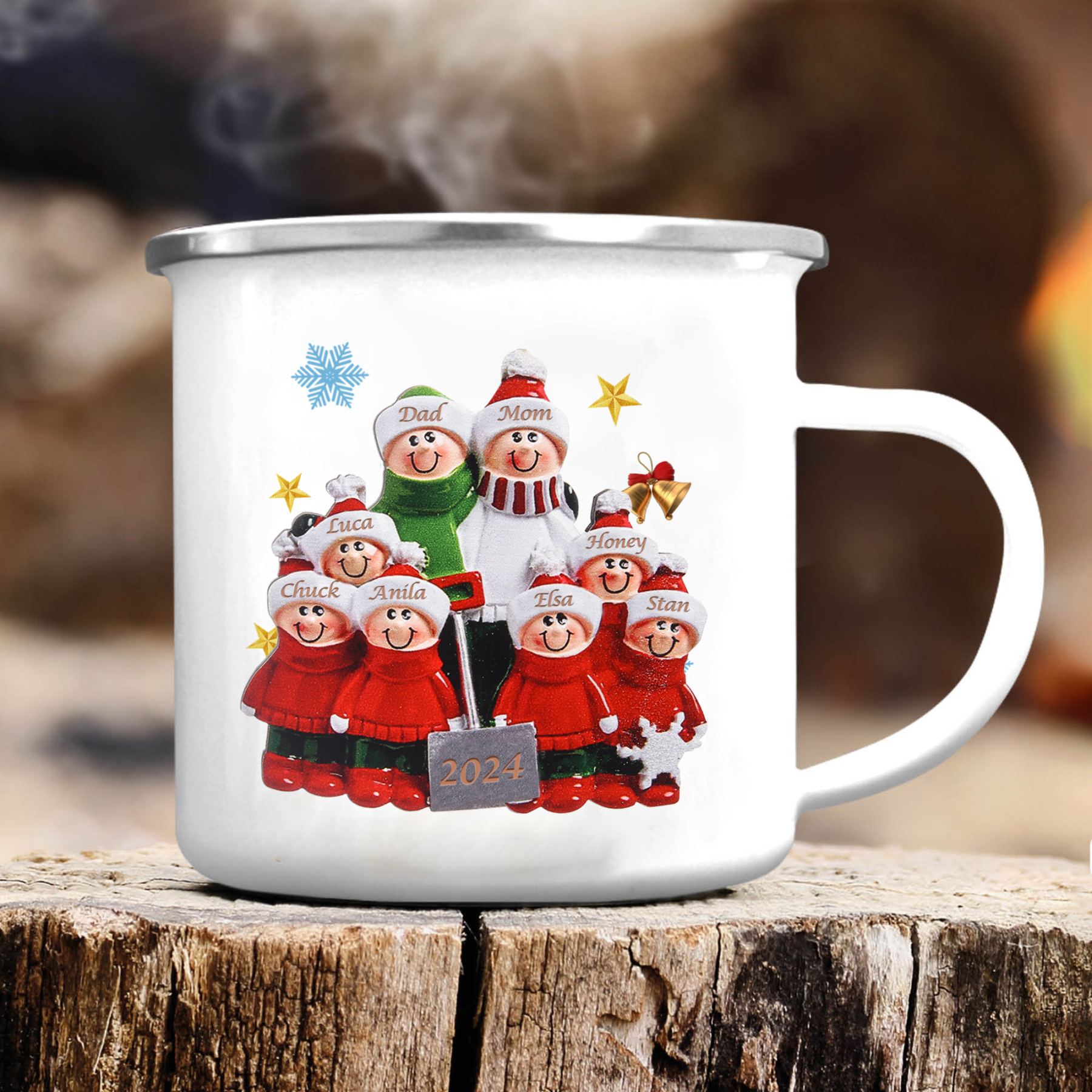 Personalized Enamel Mug Snow Shoveling Family Mug Custom 2-8 Names Christmas Gift