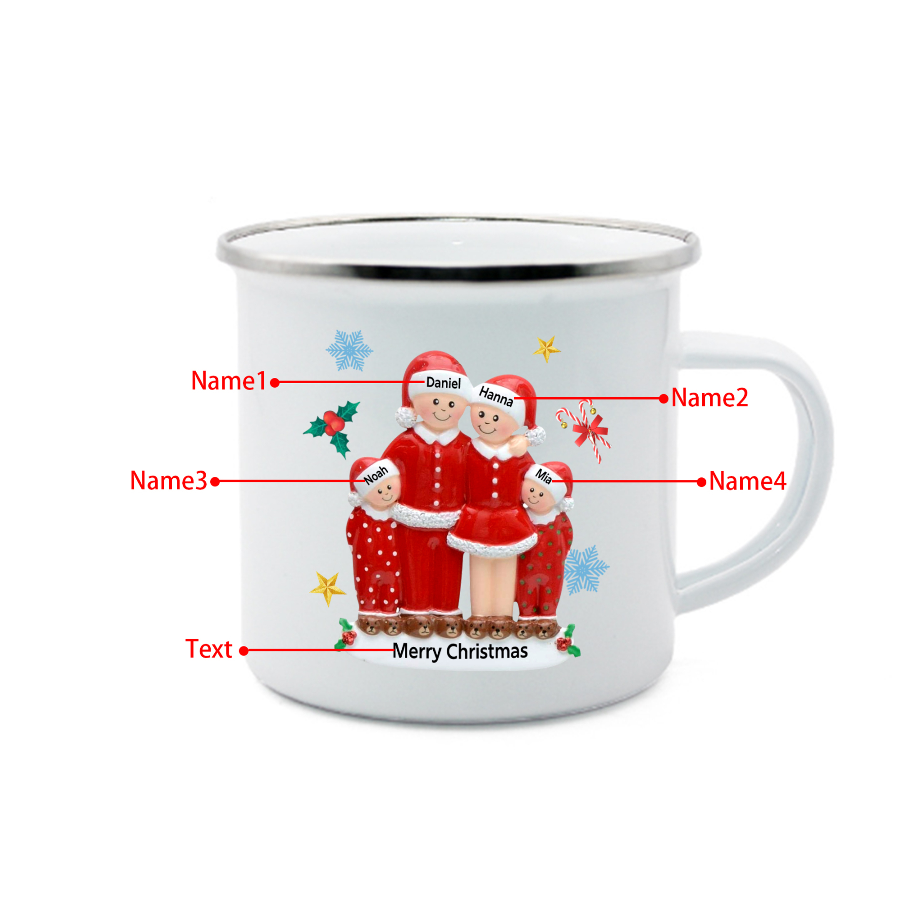 Personalized Enamel Mug Christmas Pajama Family Mug Custom 3-6 Names Ceramic Gift for Loved Ones