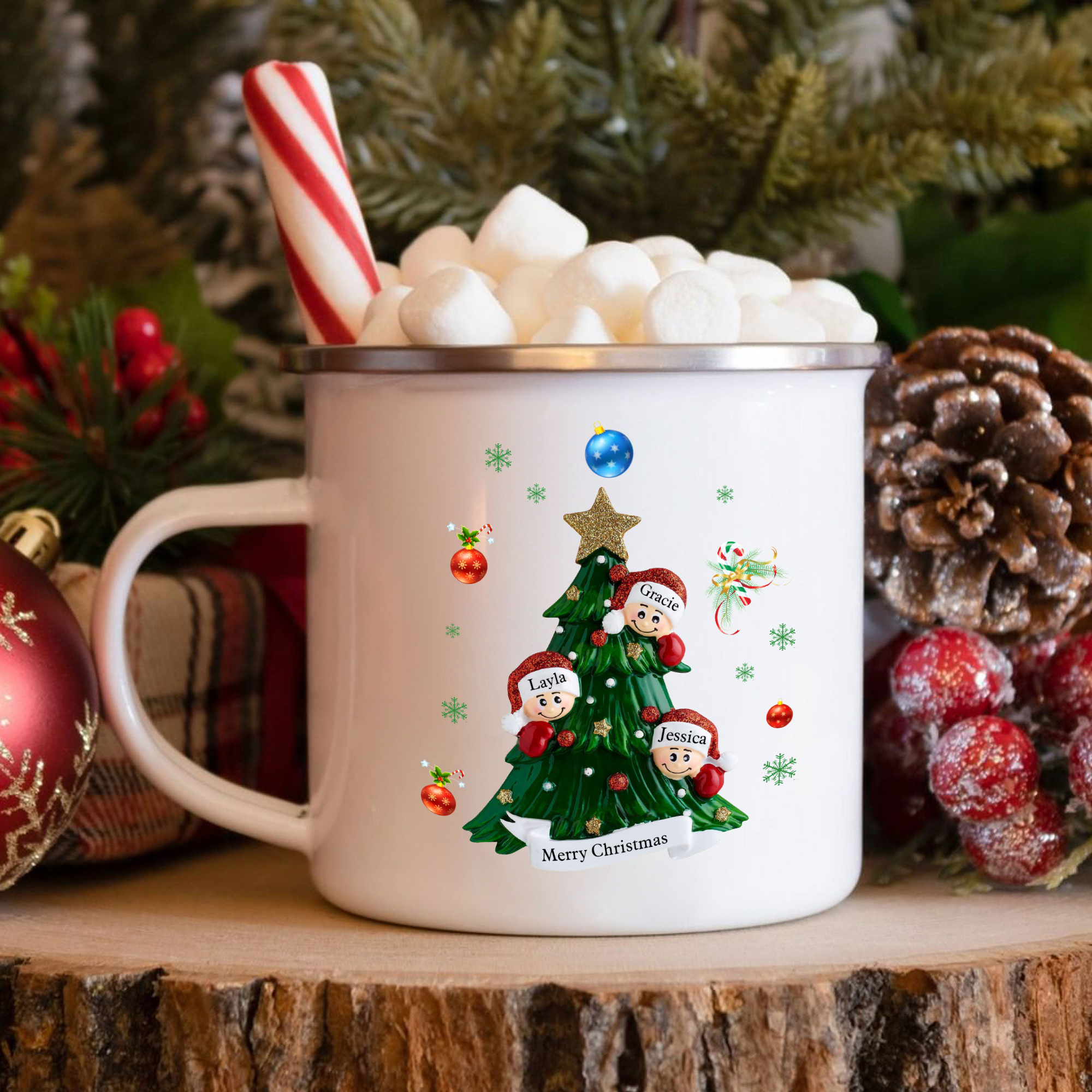 Personalized Enamel Mug Christmas Tree Family Mug Custom 2-8 Names Ceramic Gift for Loved Ones