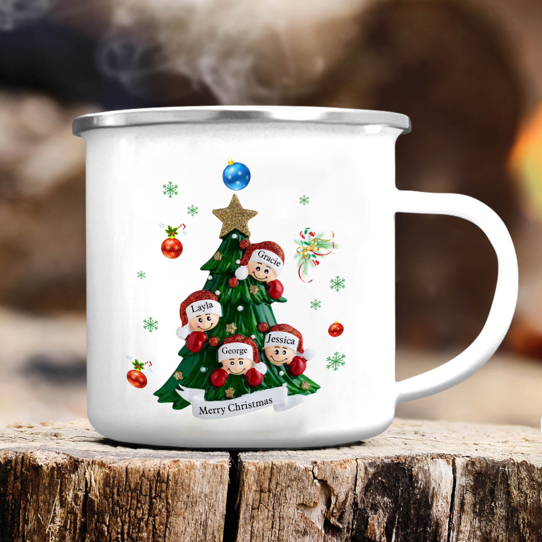 Personalized Enamel Mug Christmas Tree Family Mug Custom 2-8 Names Ceramic Gift for Loved Ones