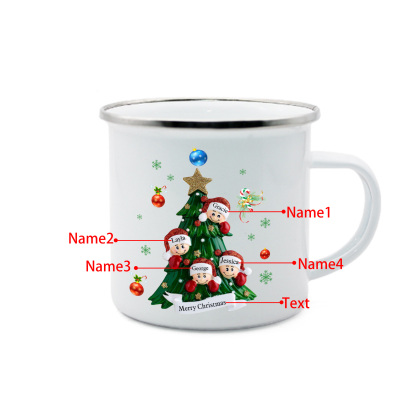 Personalized Enamel Mug Christmas Tree Family Mug Custom 2-8 Names Ceramic Gift for Loved Ones