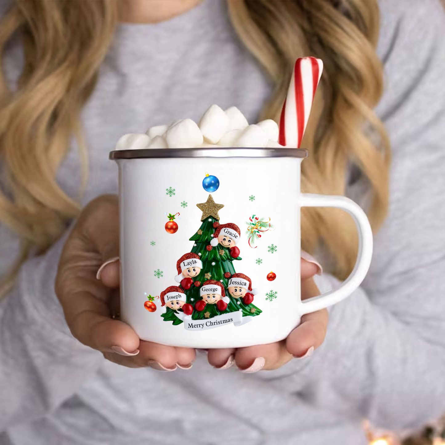 Personalized Enamel Mug Christmas Tree Family Mug Custom 2-8 Names Ceramic Gift for Loved Ones