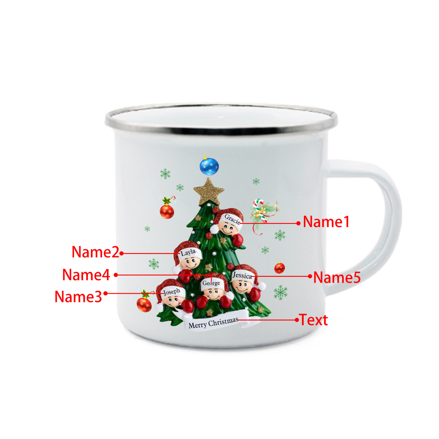 Personalized Enamel Mug Christmas Tree Family Mug Custom 2-8 Names Ceramic Gift for Loved Ones