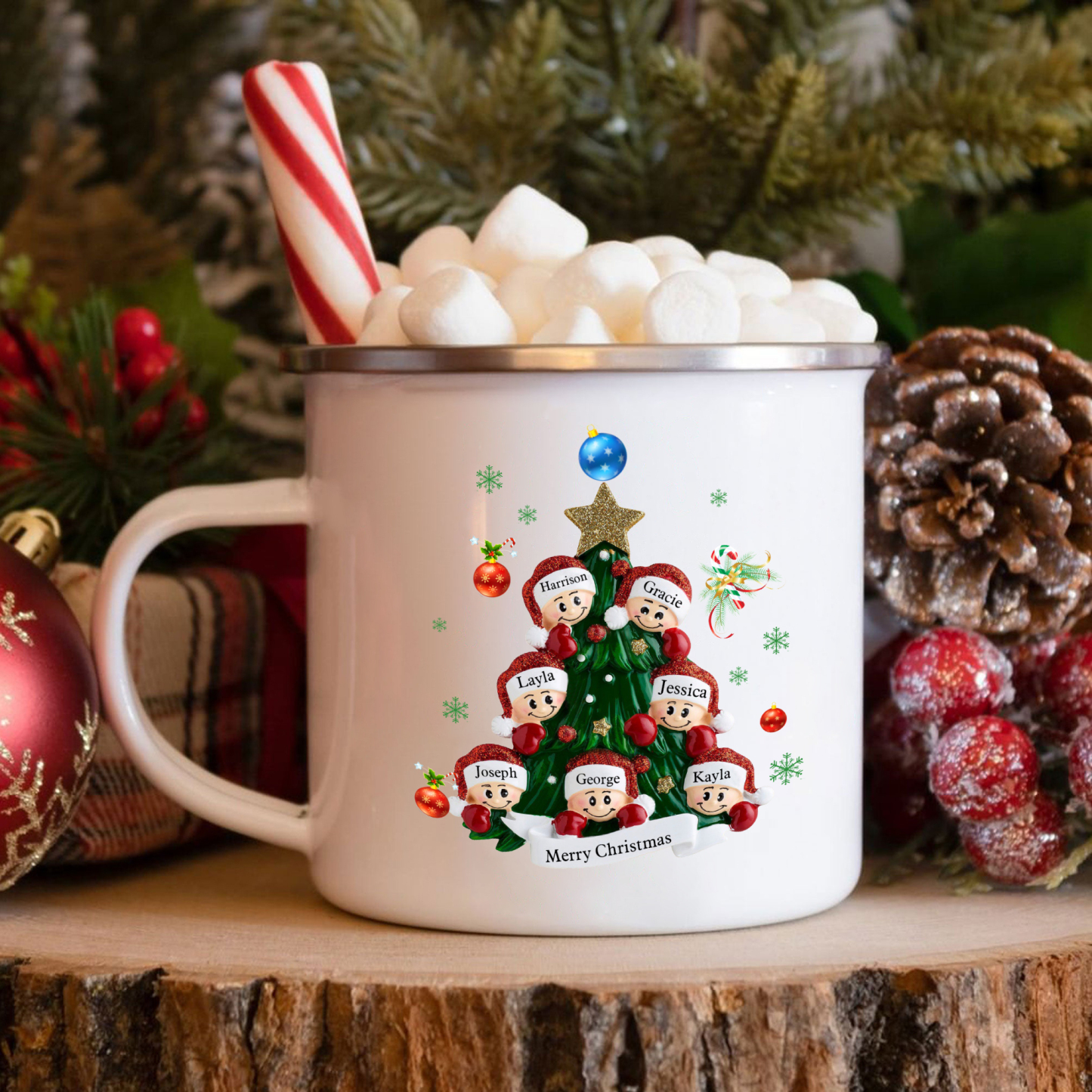 Personalized Enamel Mug Christmas Tree Family Mug Custom 2-8 Names Ceramic Gift for Loved Ones