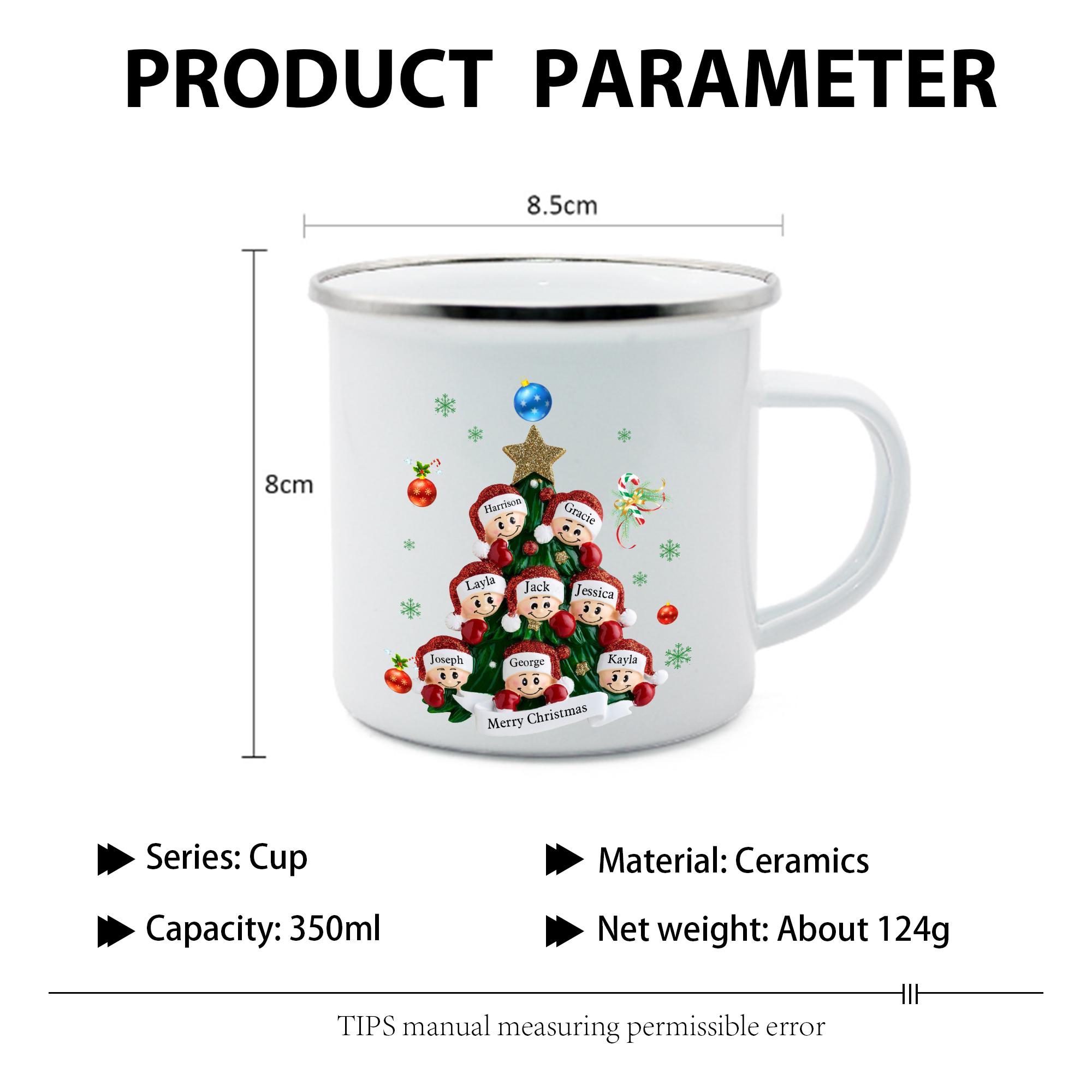 Personalized Enamel Mug Christmas Tree Family Mug Custom 2-8 Names Ceramic Gift for Loved Ones