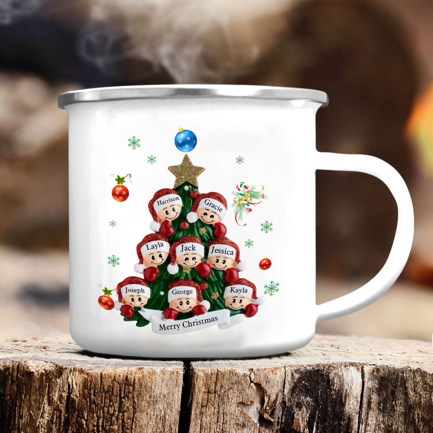 Personalized Enamel Mug Christmas Tree Family Mug Custom 2-8 Names Ceramic Gift for Loved Ones
