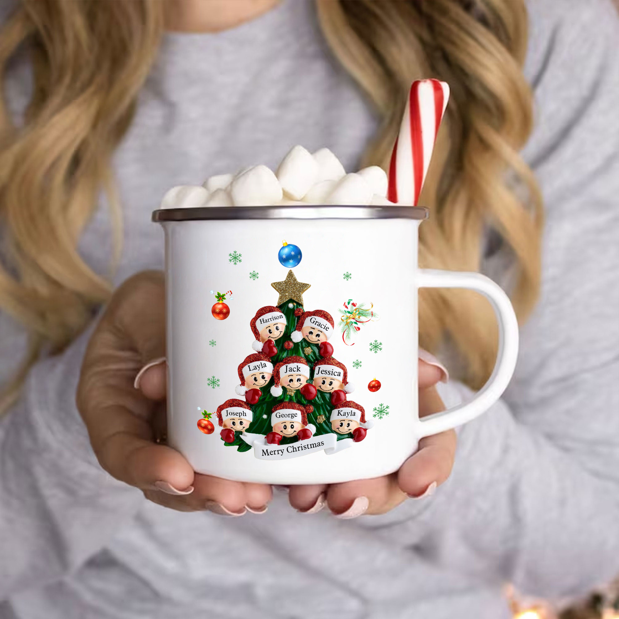 Personalized Enamel Mug Christmas Tree Family Mug Custom 2-8 Names Ceramic Gift for Loved Ones
