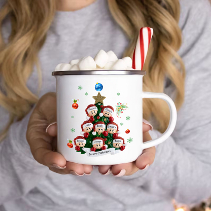 Personalized Enamel Mug Christmas Tree Family Mug Custom 2-8 Names Ceramic Gift for Loved Ones
