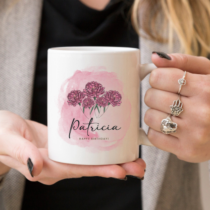 Personalized Ceramic Mug Custom Birth Flower & Name & Text Birthday Gifts for Women Girls