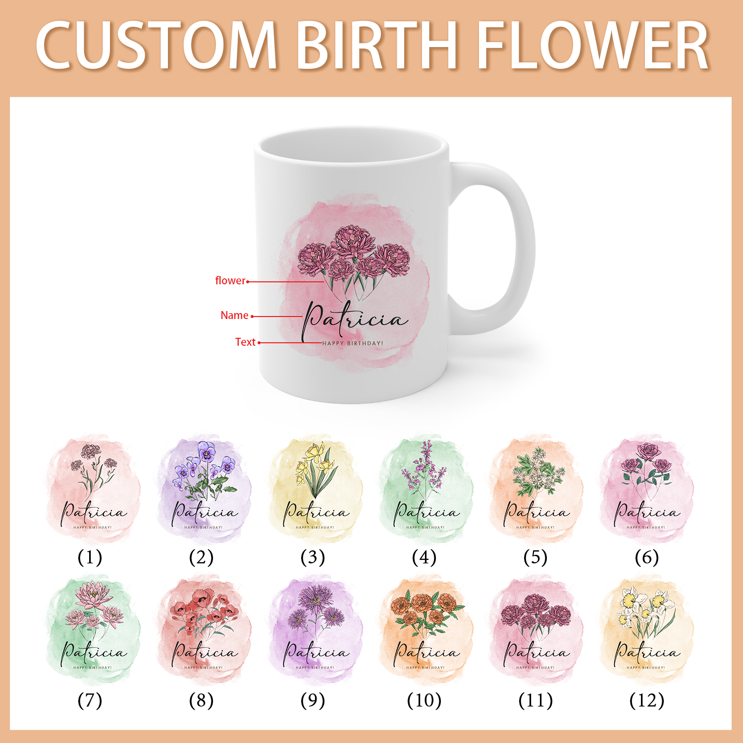 Personalized Ceramic Mug Custom Birth Flower & Name & Text Birthday Gifts for Women Girls