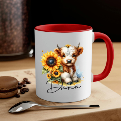 Personalized Highland Cow & Sunflower Ceramic Mug Custom Name Birthday Gifts for Women Girls