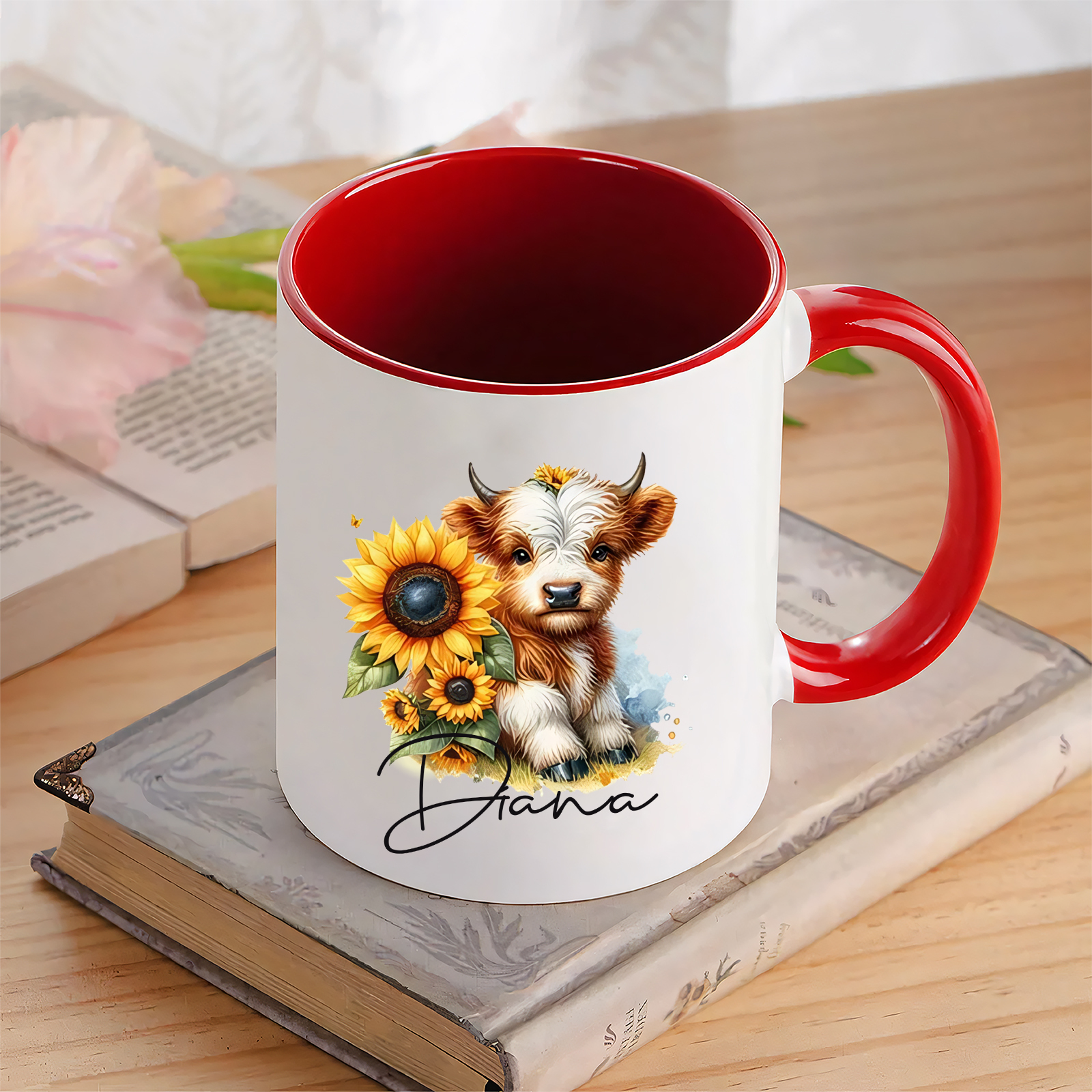 Personalized Highland Cow & Sunflower Ceramic Mug Custom Name Birthday Gifts for Women Girls