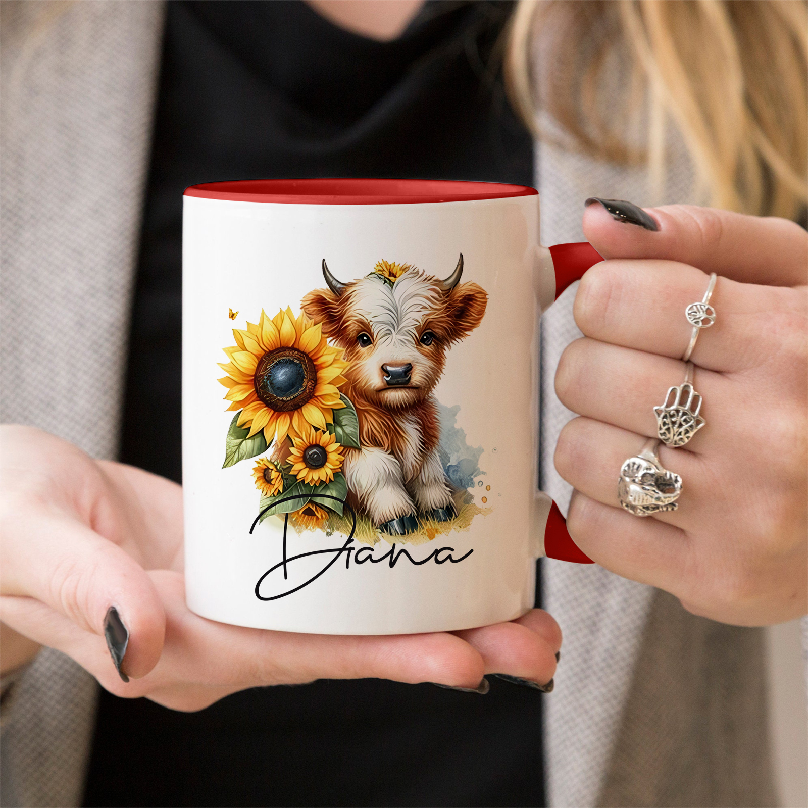 Personalized Highland Cow & Sunflower Ceramic Mug Custom Name Birthday Gifts for Women Girls