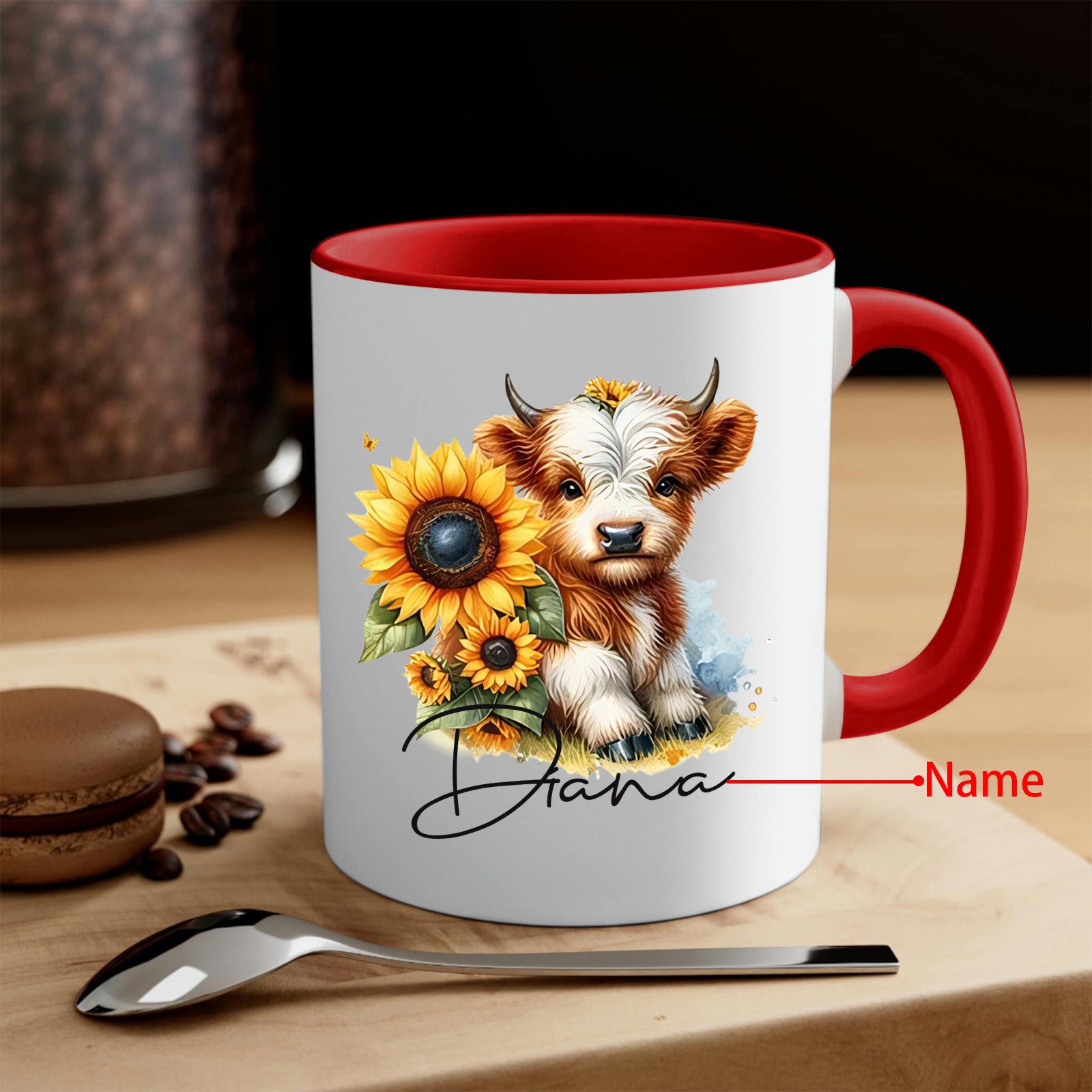 Personalized Highland Cow & Sunflower Ceramic Mug Custom Name Birthday Gifts for Women Girls