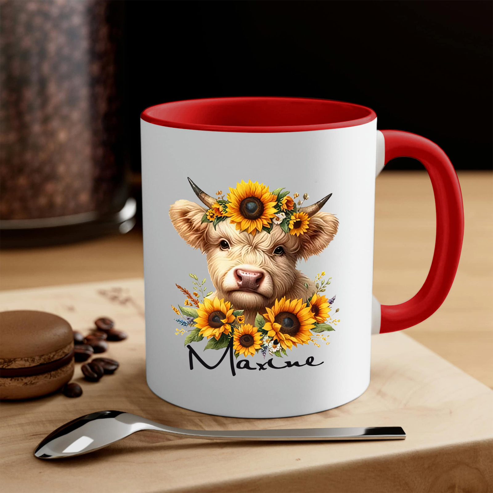 Personalized Highland Cow & Sunflower Ceramic Mug Custom Name Birthday