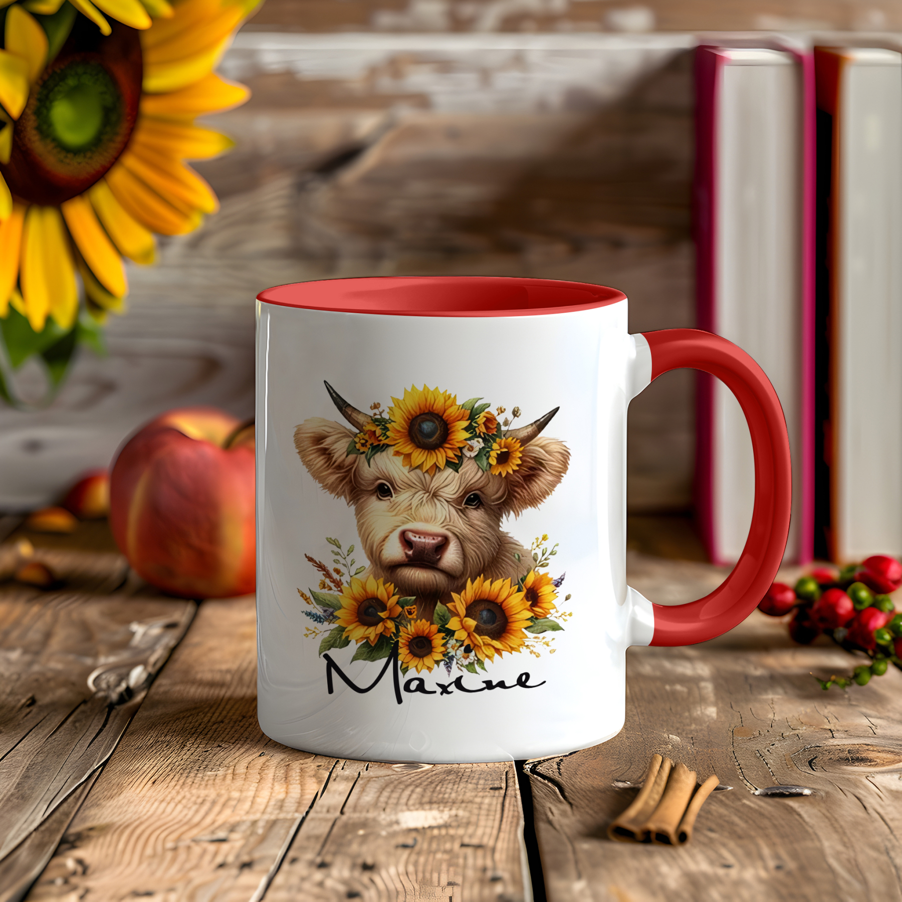 Personalized Highland Cow & Sunflower Ceramic Mug Custom Name Birthday Gifts for Women Girls