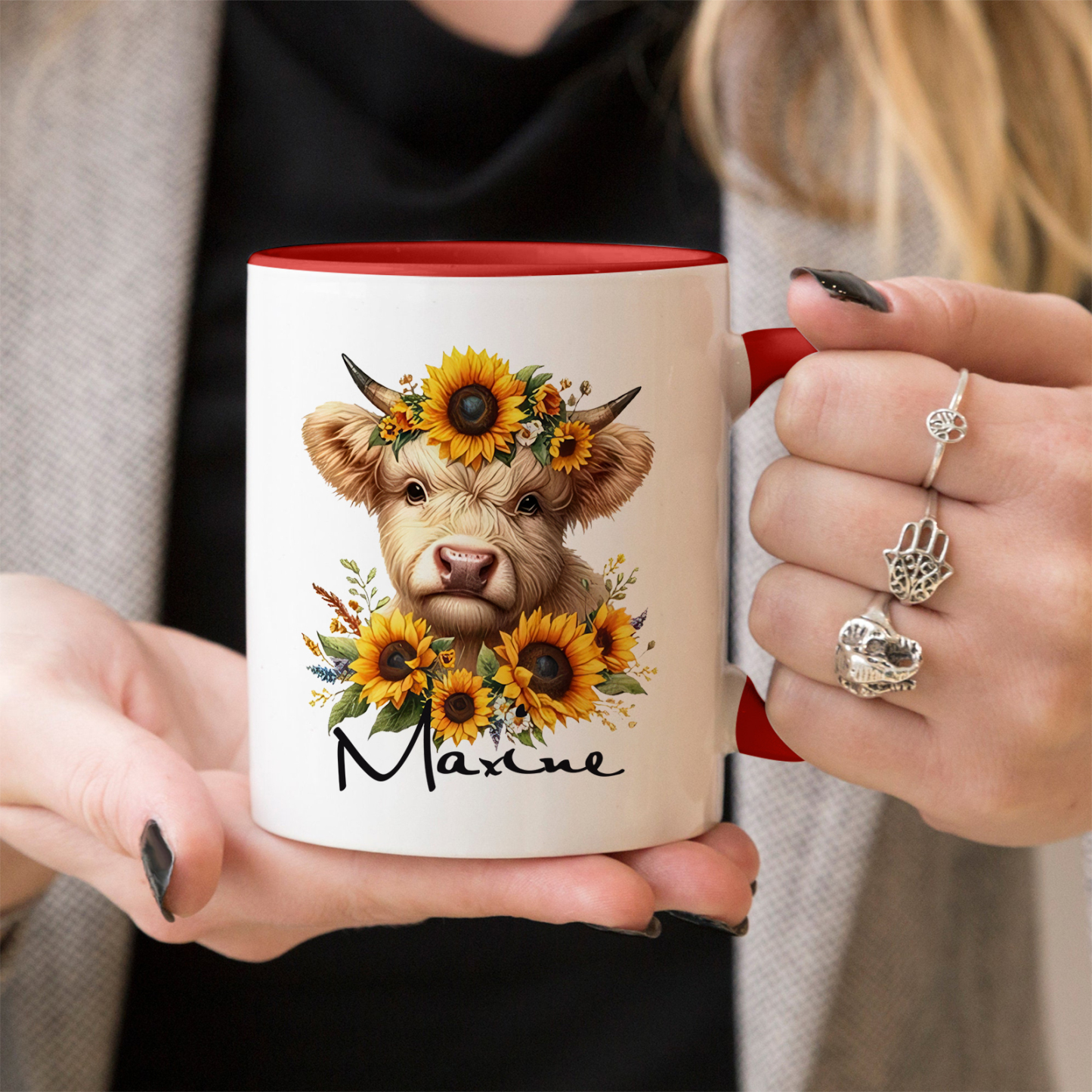 Personalized Highland Cow & Sunflower Ceramic Mug Custom Name Birthday Gifts for Women Girls