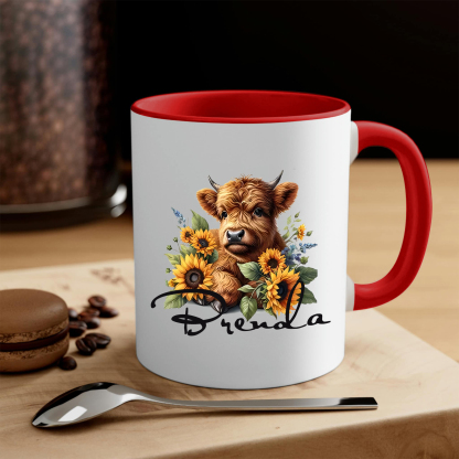 Personalized Highland Cow & Sunflower Ceramic Mug Custom Name Birthday Gifts for Women Girls