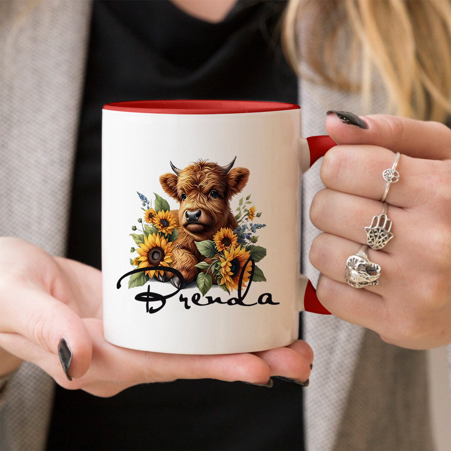 Personalized Highland Cow & Sunflower Ceramic Mug Custom Name Birthday Gifts for Women Girls