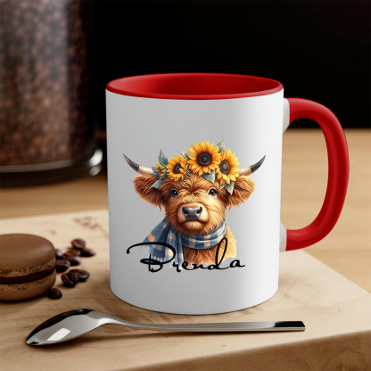 Personalized Highland Cow & Sunflower Ceramic Mug Custom Name Birthday Gifts for Women Girls