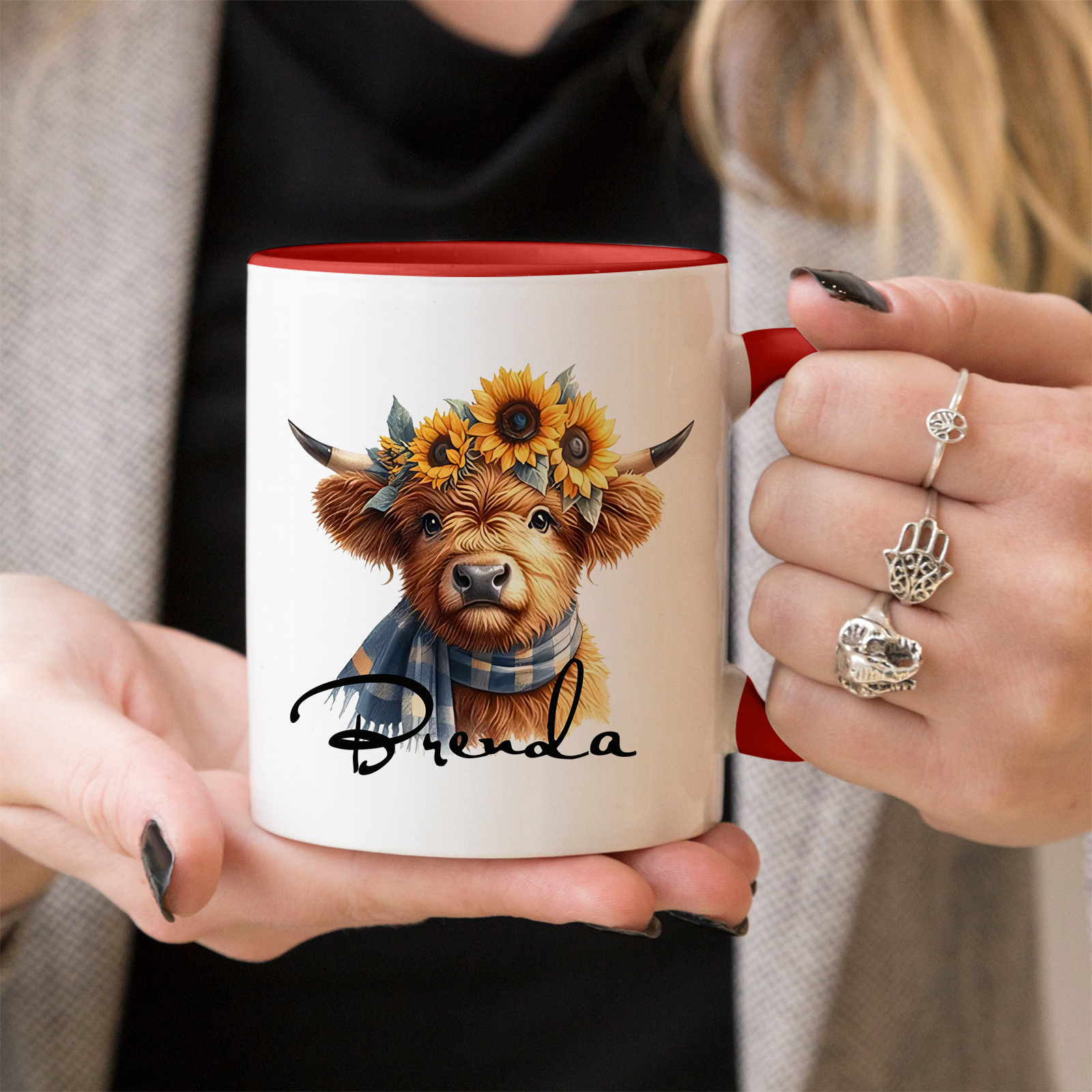 Personalized Highland Cow & Sunflower Ceramic Mug Custom Name Birthday Gifts for Women Girls