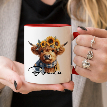 Personalized Highland Cow & Sunflower Ceramic Mug Custom Name Birthday Gifts for Women Girls