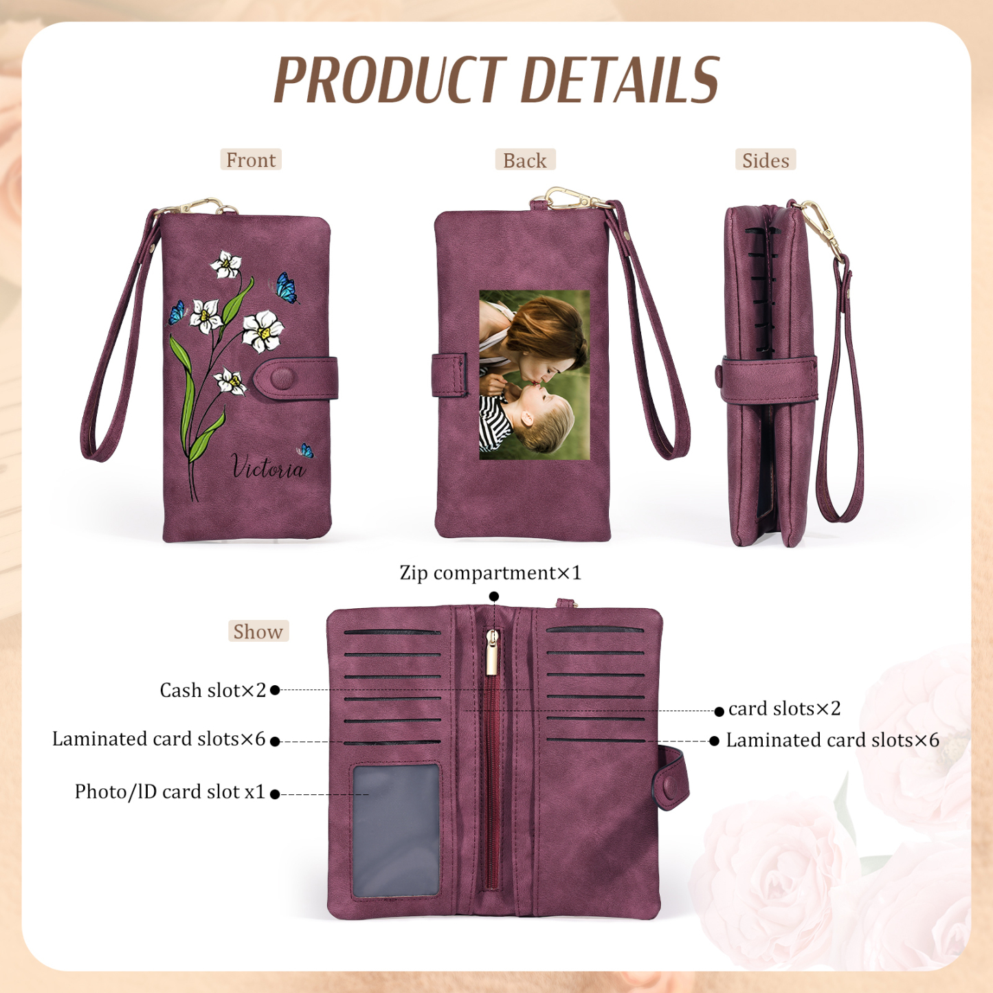Personalized Women Wallet Custom Birth Flower Name Photo Valentines Day Gift