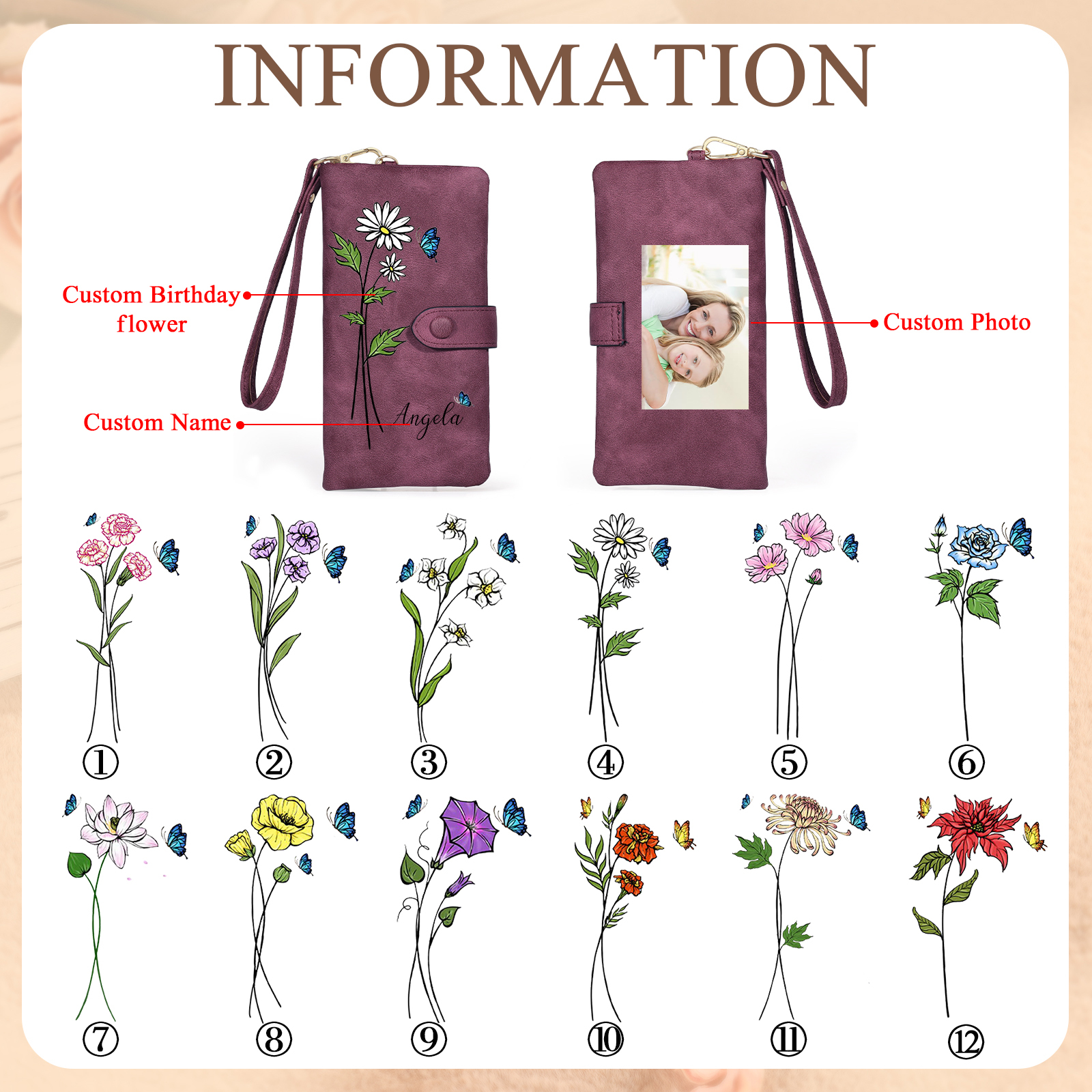 Personalized Women Wallet Custom Birth Flower Name Photo Valentines Day Gift