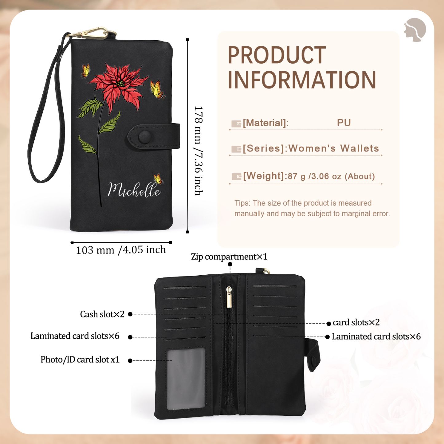 Personalized Women Wallet Custom Birth Flower Name Photo Valentines Day Gift