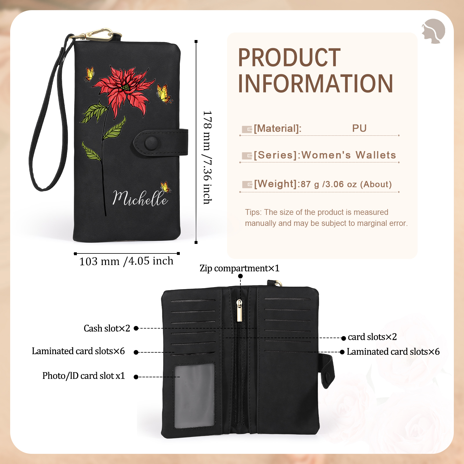 Personalized Women Wallet Custom Birth Flower Name Photo Valentines Day Gift