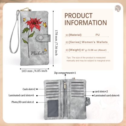 Personalized Women Wallet Custom Birth Flower Name Photo Valentines Day Gift