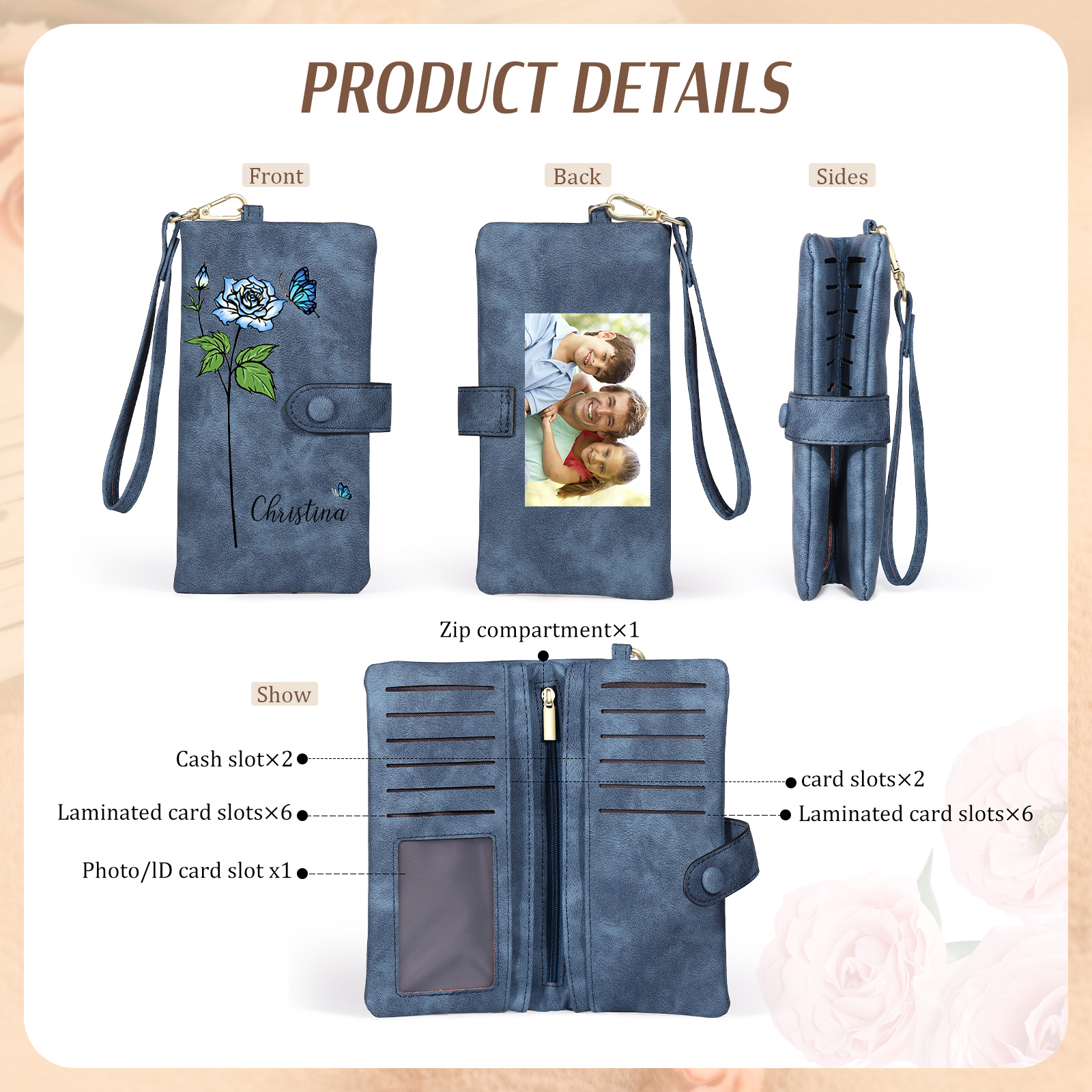 Personalized Women Wallet Custom Birth Flower Name Photo Valentines Day Gift