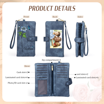Personalized Women Wallet Custom Birth Flower Name Photo Valentines Day Gift