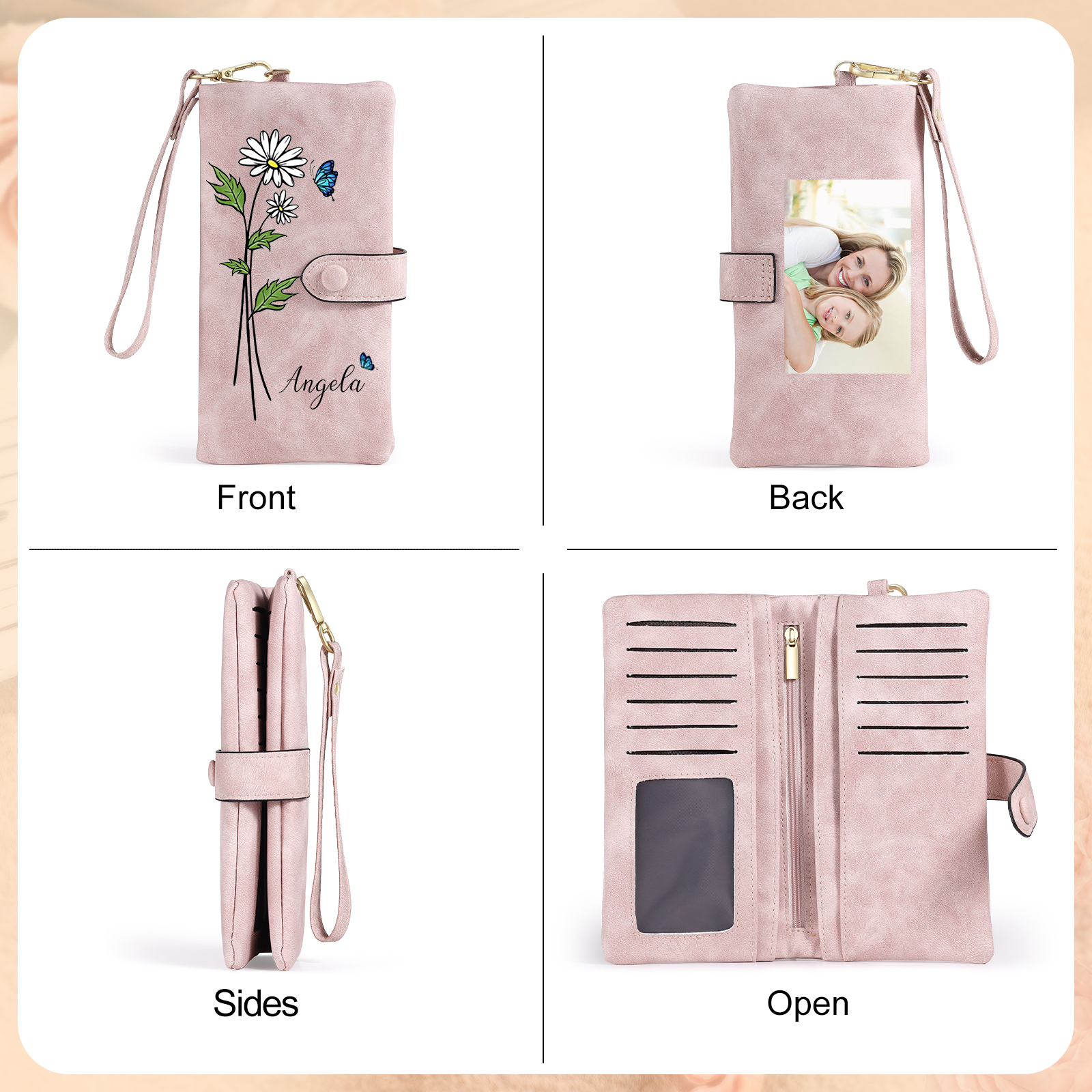 Personalized Women Wallet Custom Birth Flower Name Photo Valentines Day Gift