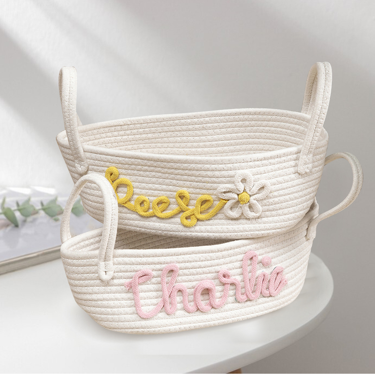 Personalized Baby Shower Gift Basket Rope Cotton Basket for Baby Baby Gift Basket Toy Basket Newborn Gift Knitting Baptism Baby Name Gift