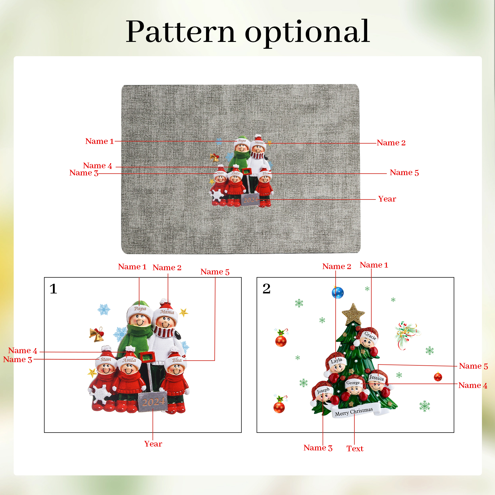 Personalized Christmas Placemats with 2-6 Names and 2 Festive Patterns