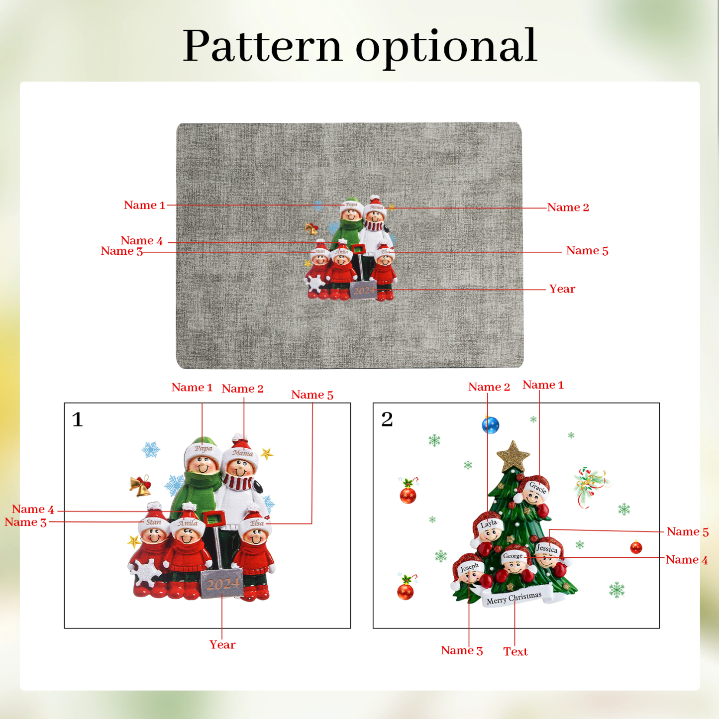 Personalized Christmas Placemats with 2-6 Names and 2 Festive Patterns