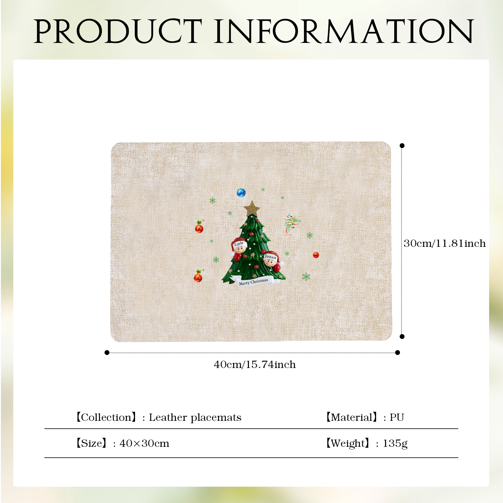 Personalized Christmas Placemats with 2-6 Names and 2 Festive Patterns