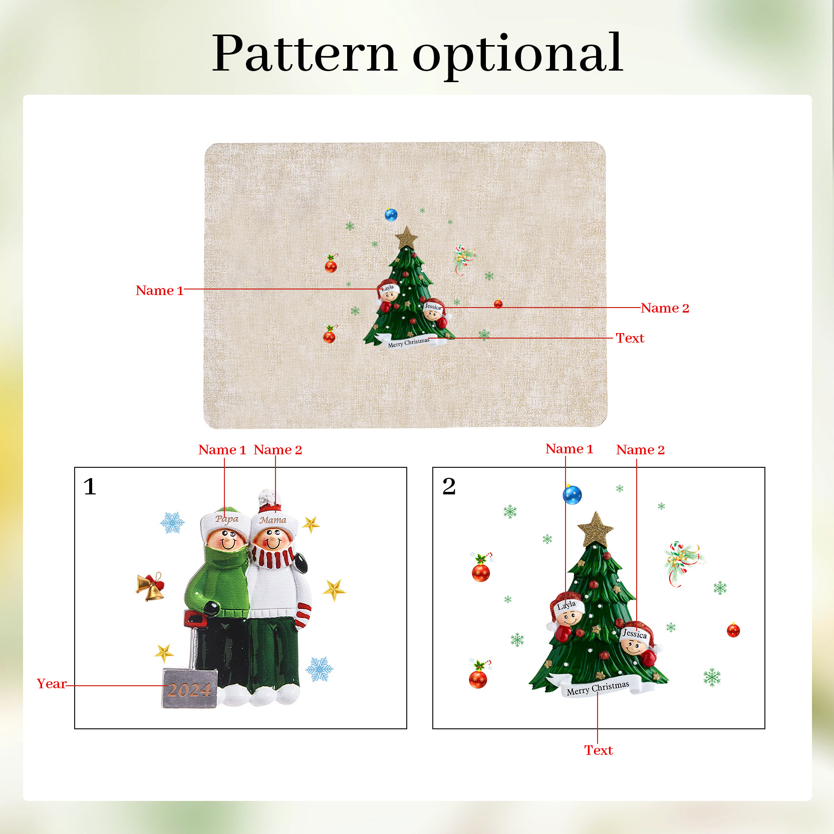 Personalized Christmas Placemats with 2-6 Names and 2 Festive Patterns
