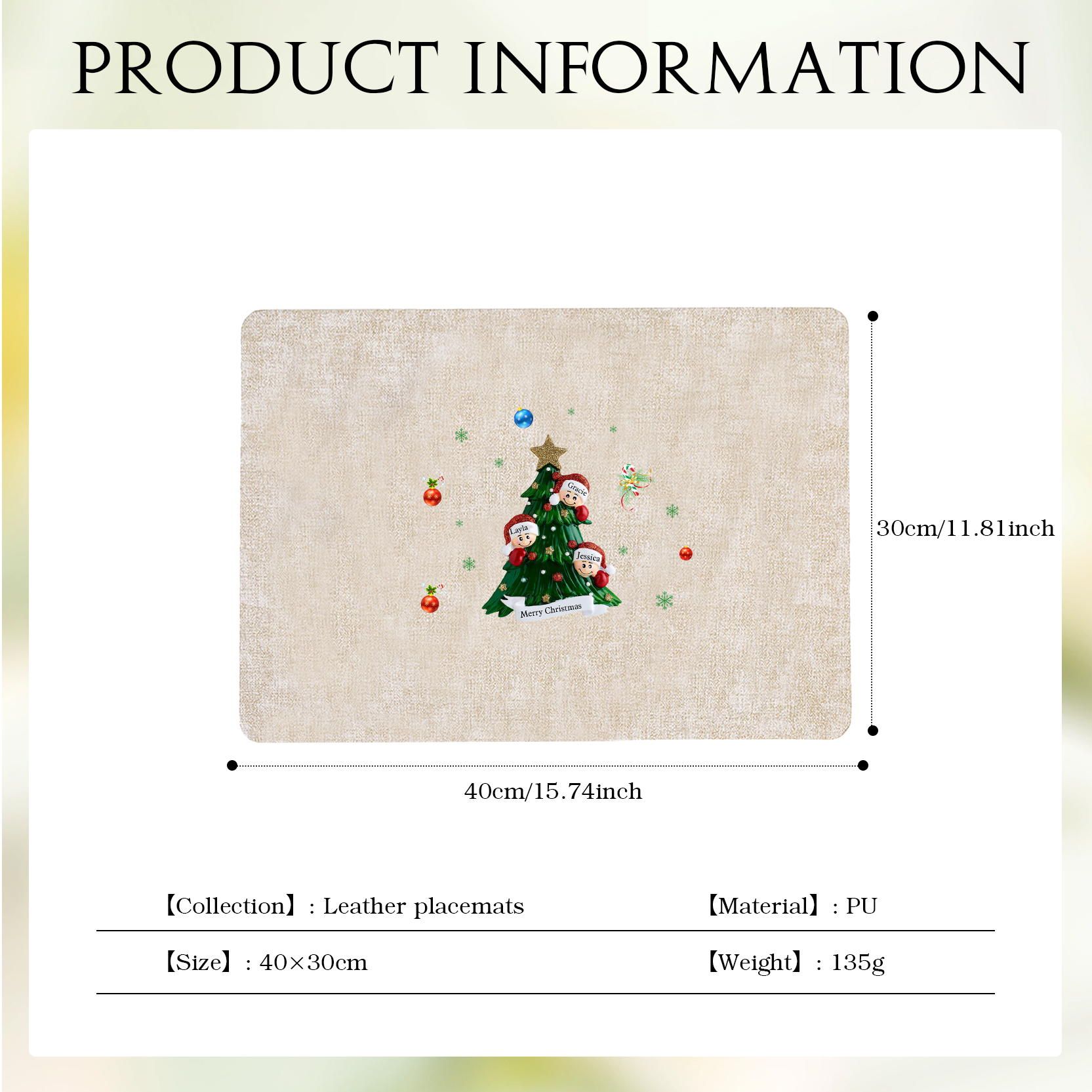 Personalized Christmas Placemats with 2-6 Names and 2 Festive Patterns